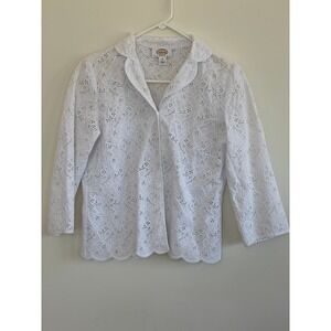 Talbots Petites White Eyelet Cotton Button Down Shirt Scalloped Hem Size 10P